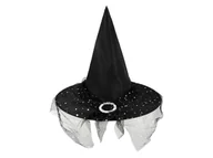 Halloween - Kapelusz czarownicy z tiulem czarny - 1 szt. - miniaturka - grafika 1