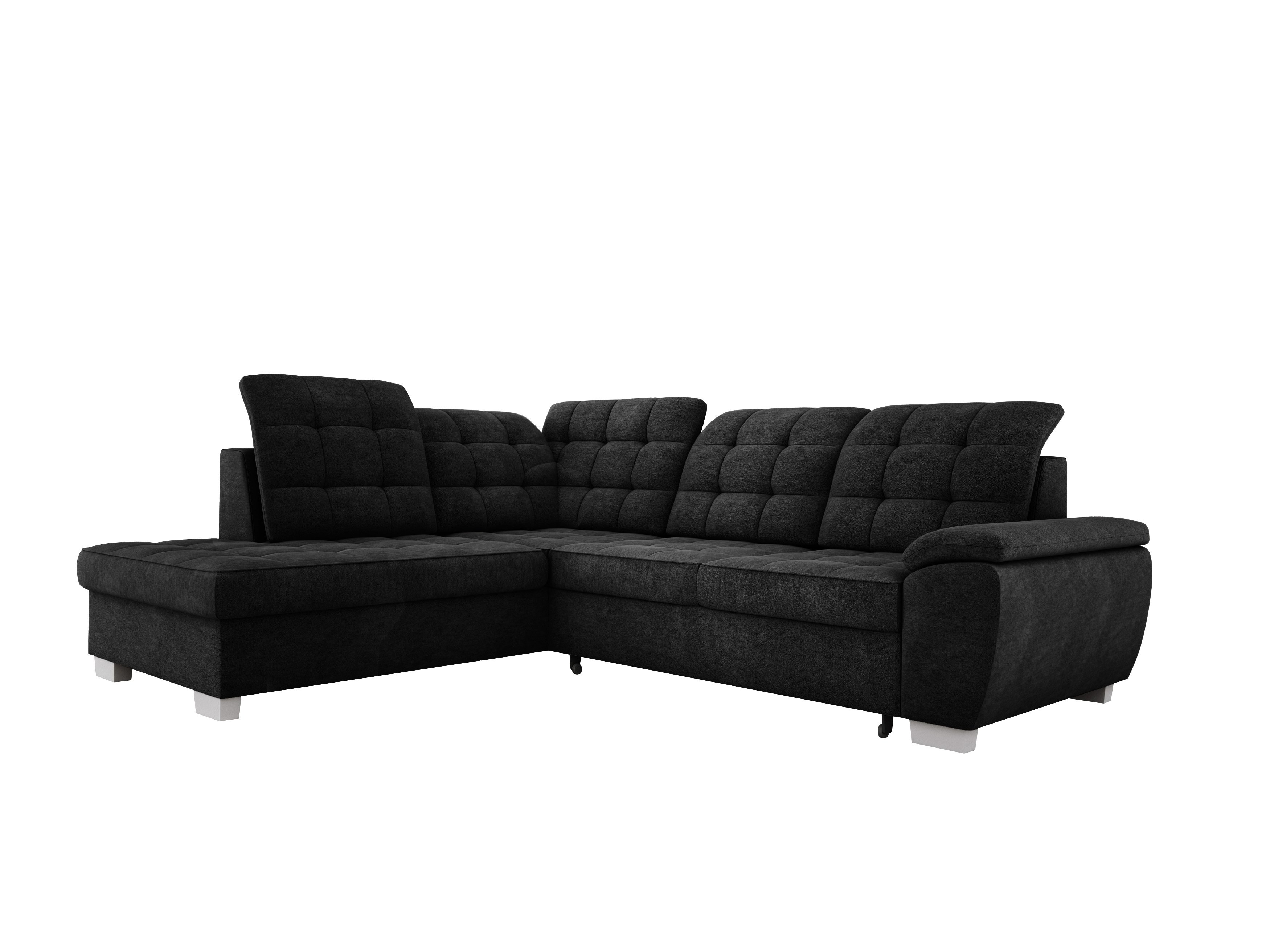 Przestronny narożnik LOTTA W łatwej w pielęgnacji tkaninie welurowej, Wymiary 258x212cm, Idealny dla rodzin, Z praktycznym pojemnikiem na pościel i nowoczesnym designem Układ mebla po lewej stronie Kolor: CZARNY