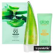 Balsamy i kremy do opalania - Holika Aloe Waterproof Sun Gel SPF 50 + Aloe Cleansing Foam + Aloe Soothing Gel Mask Sheet ZESTAW Żel przeciwsłoneczny z aloesem i wysokim filtrem 100 ml + Pianka oczyszczająca z aloesem 150 ml - miniaturka - grafika 1