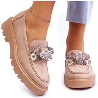 Mokasyny damskie - Vinceza Modne Zamszowe Mokasyny Z Kryształkami Beżowe Demeris beżowy - miniaturka - grafika 1