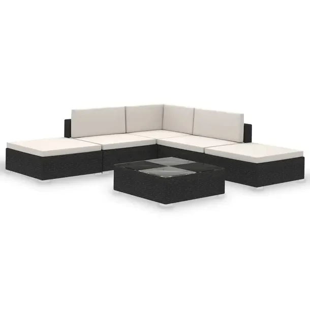 Rattanowy zestaw mebli ogrodowych czarny z kremowymi poduszkami 6 cm