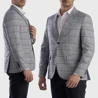 Marynarki męskie - Marynarka Męska Szara Elegancka Klasyczna w Granatową Kratkę 3871 Szary 48 - miniaturka - grafika 1