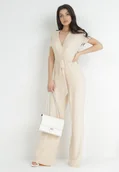 Kombinezony - Jasnobeżowy Długi Kombinezon z Wiązaniem i Kopertowym Dekoltem Novaya - miniaturka - grafika 1