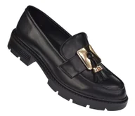 Półbuty damskie - Czarne półbuty damskie mokasyny na obcasie P-3-Y107 eleganckie loafersy rozm:39 - miniaturka - grafika 1