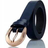 Paski - Pasek skórzany damski granatowy złota klamra wąski - miniaturka - grafika 1