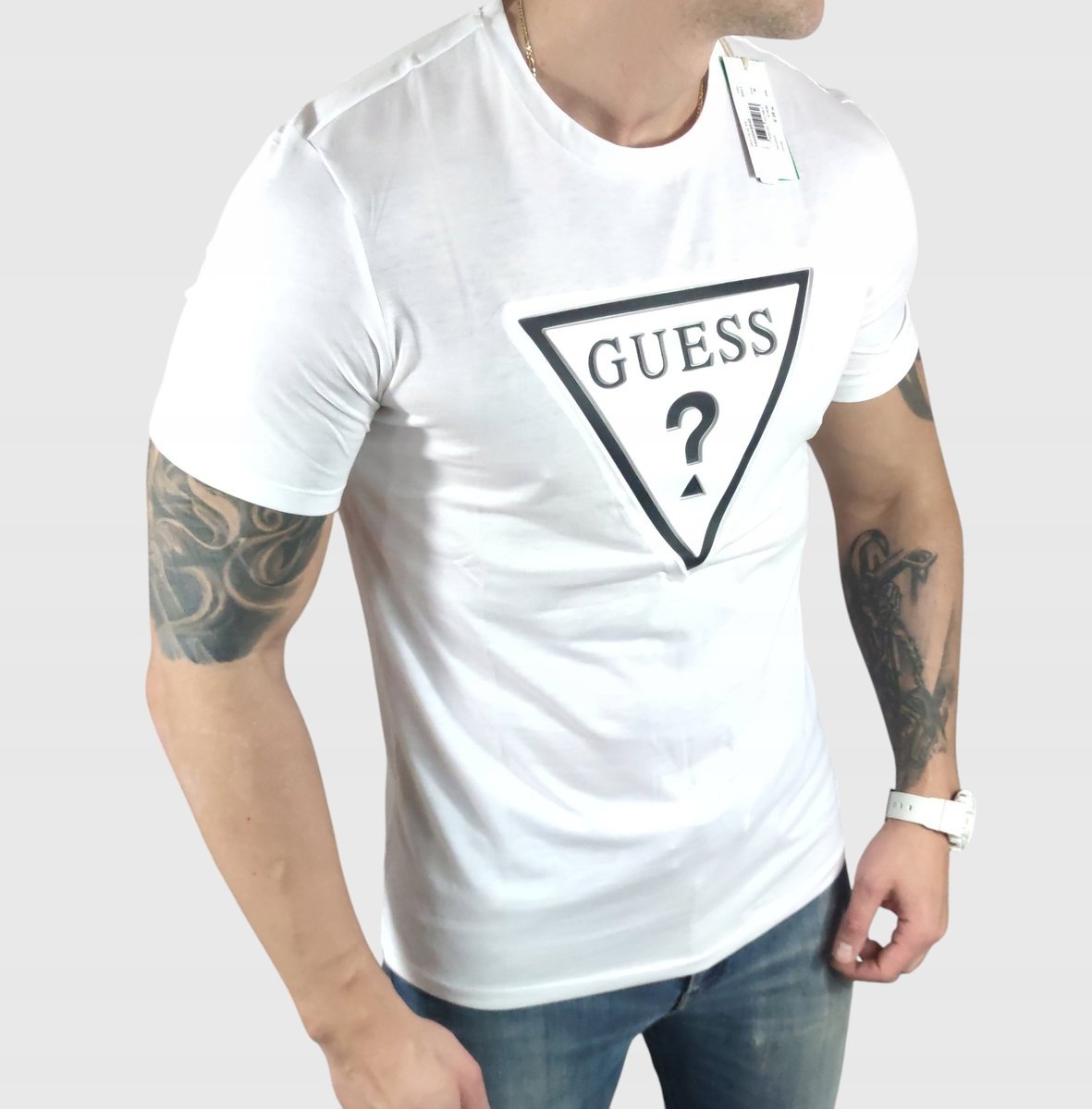 T-shirt Guess jeans X4GI00 KBR42 biały duże wypukłe logo - XXL