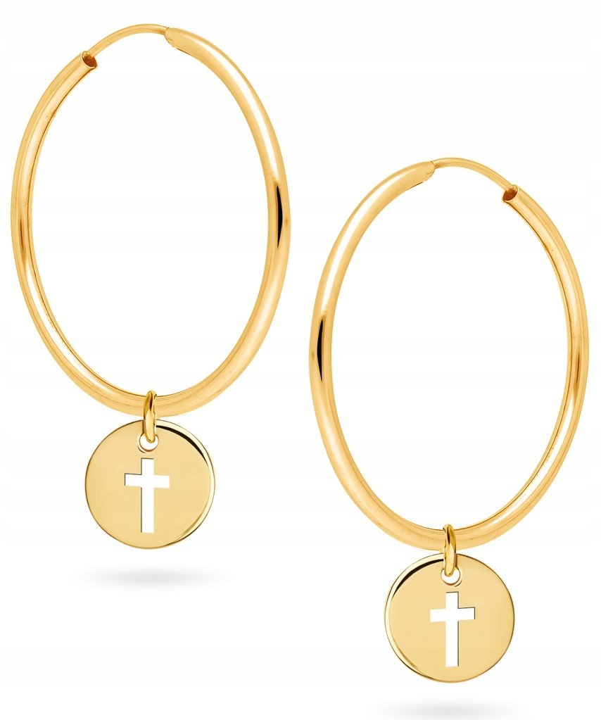 PIĘKNE ZŁOTE KOLCZYKI WISZĄCE KÓŁKO KRZYŻYK 585