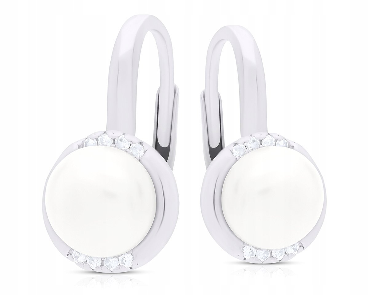 Kolczyki Srebrne Damskie z Perłą i Cyrkoniami Wiszące pr. 925