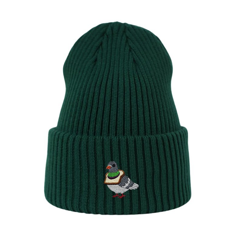 Haftowana czapka beanie - GOŁĄB Z CHLEBEM - butelkowa zieleń