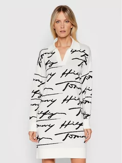 Sukienki - Tommy Hilfiger Sukienka dzianinowa All Over WW0WW32793 Biały Relaxed Fit - grafika 1