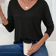 Bluzki damskie - TEMU Damski T-Shirt z Długim Rękawem i Dekoltem w Serek, Jednokolorowy, Idealny na Jesień i Zimę - miniaturka - grafika 1