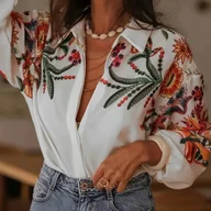 Koszule damskie - TEMU Bluzka Damska Elegancka - Koszula z Guzikami i Wzorem Kwiatowym oraz Liści w Kolorach Czerwonym, Pomarańczowym, Zielonym, Białym - - miniaturka - grafika 1
