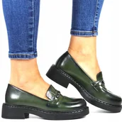 Półbuty damskie - ZIELONE BUTELKOWA ZIELEŃ MOKASYNY MODNE MUST HAVE NA JESIEŃ LOAFERSY PÓŁBUT - miniaturka - grafika 1