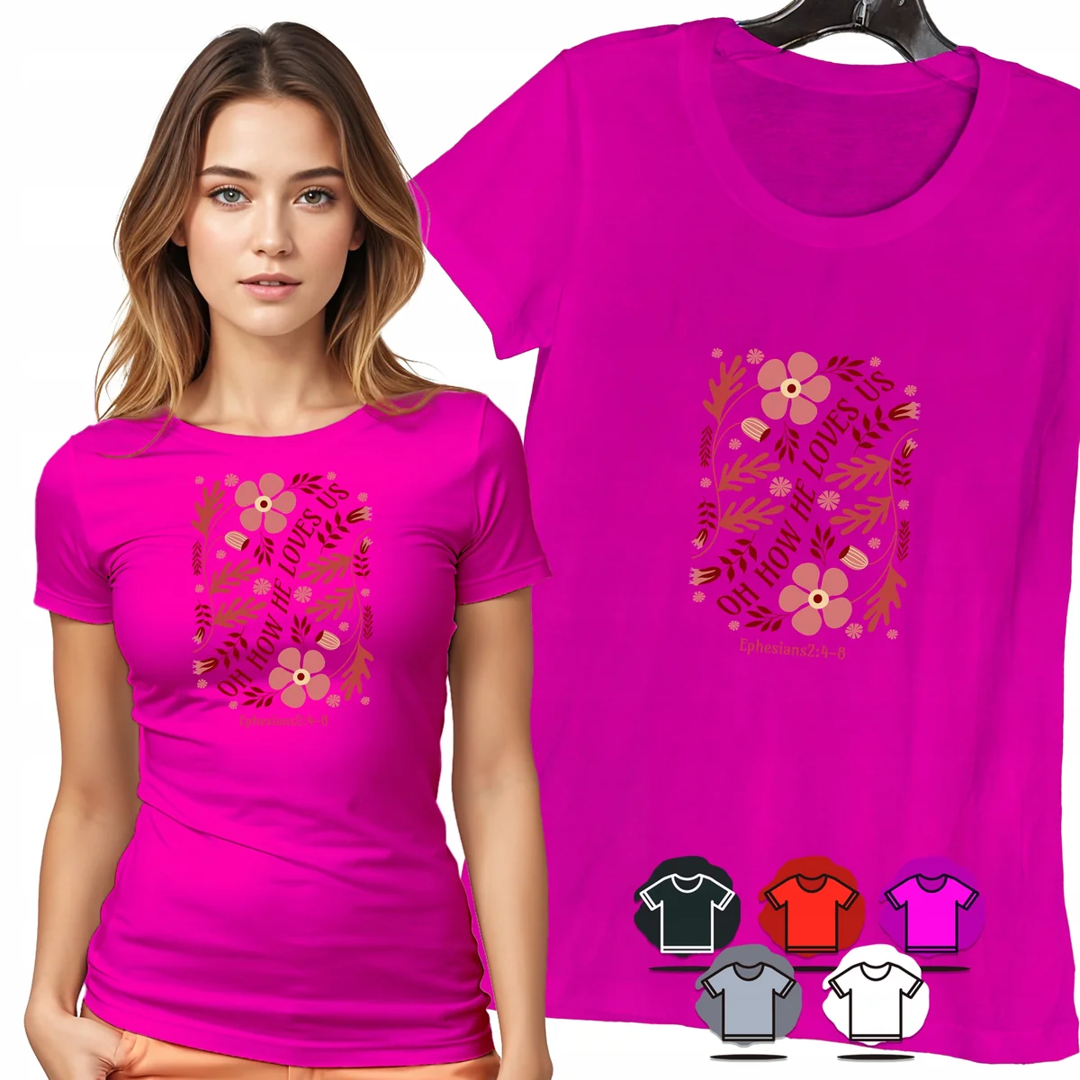 KOSZULKA DAMSKA T-SHIRT - KWIATY OH HOW HE LOVES US WIARA DLA NIEJ - XXL