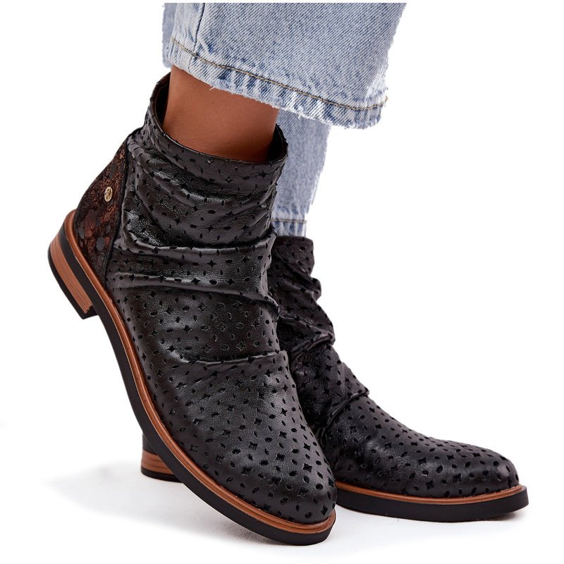 Skórzane Botki Z Ażurowym Wzorem Maciejka 05922-01 Czarne-37