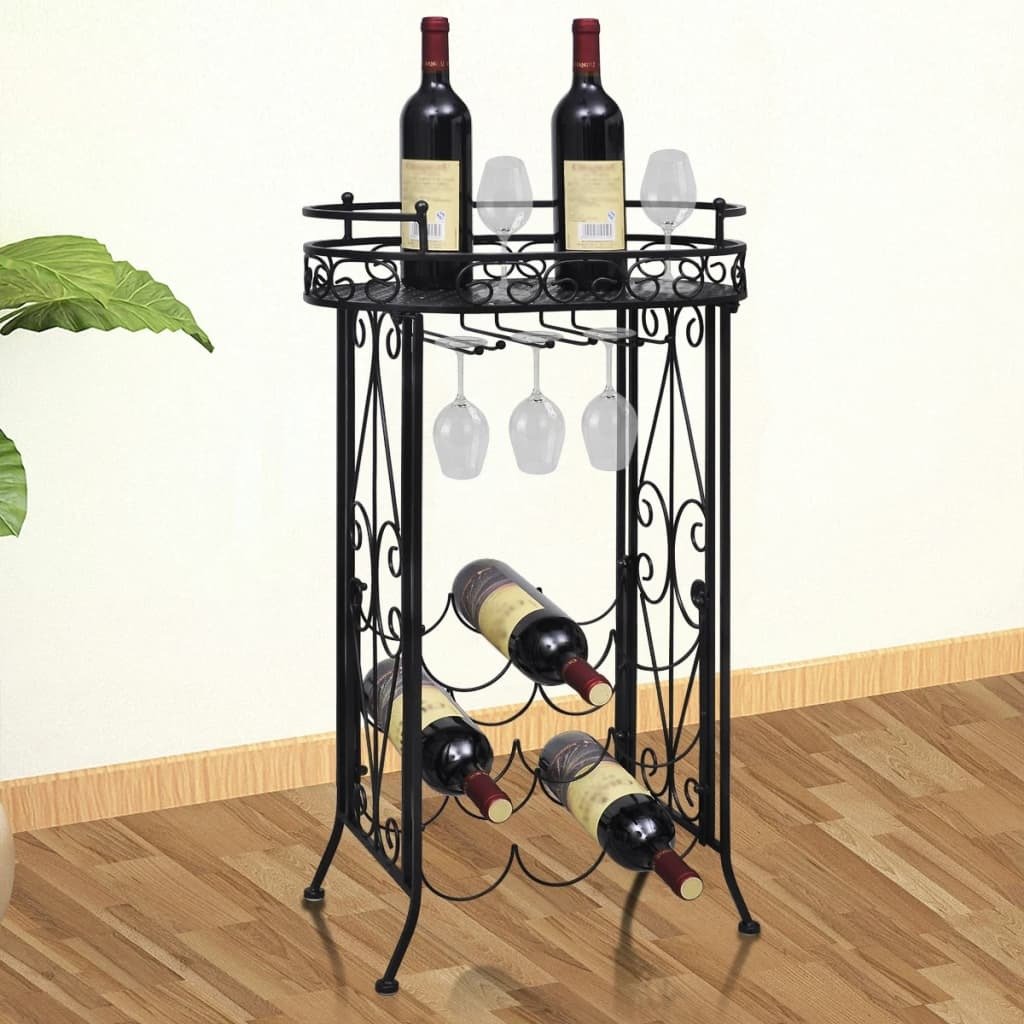 Stojak na wino na 9 butelek z metalowym uchwytem na kieliszki