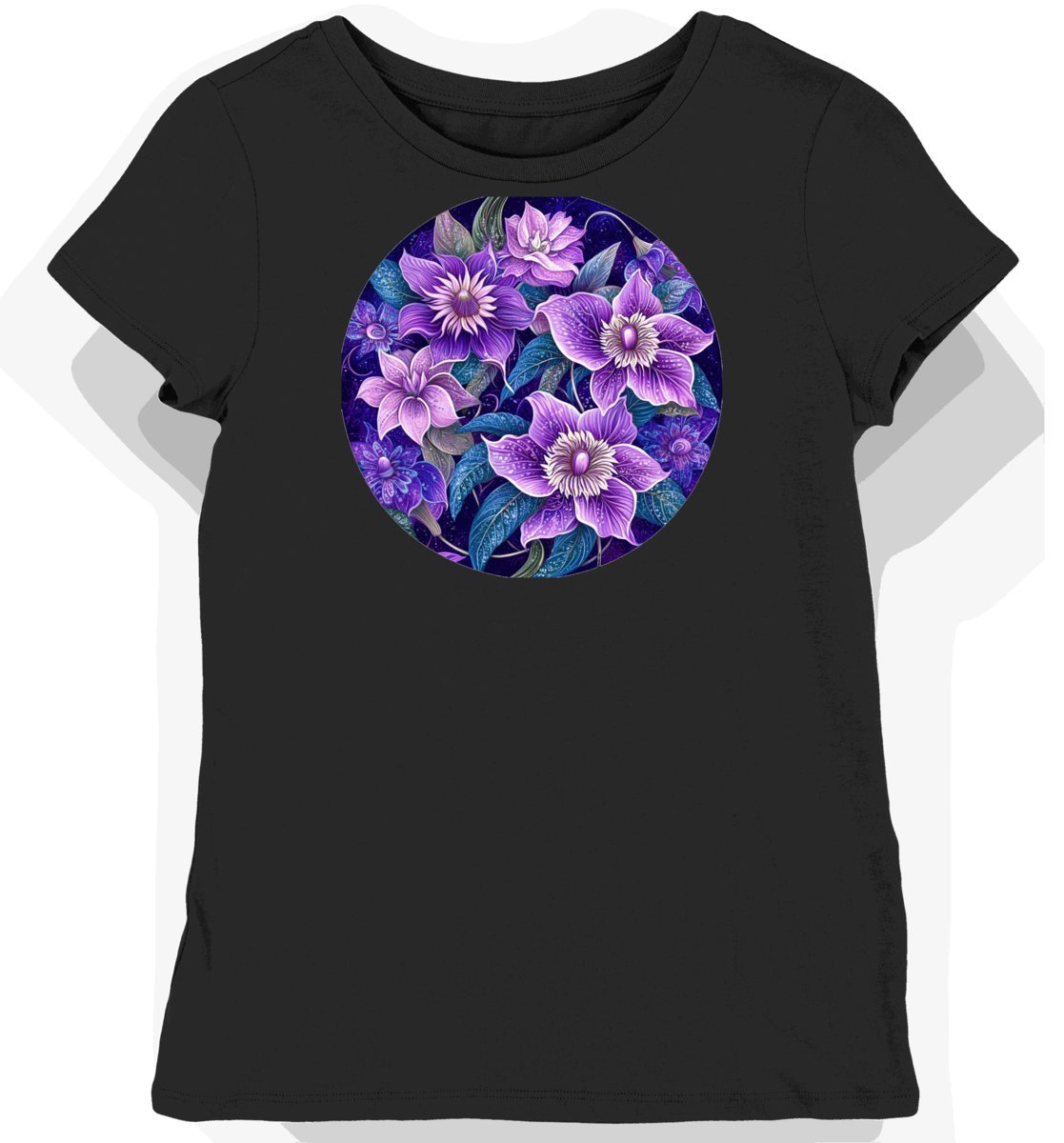 Koszulka damska czarna z nadrukiem purpurowego kwiatu pasji XS