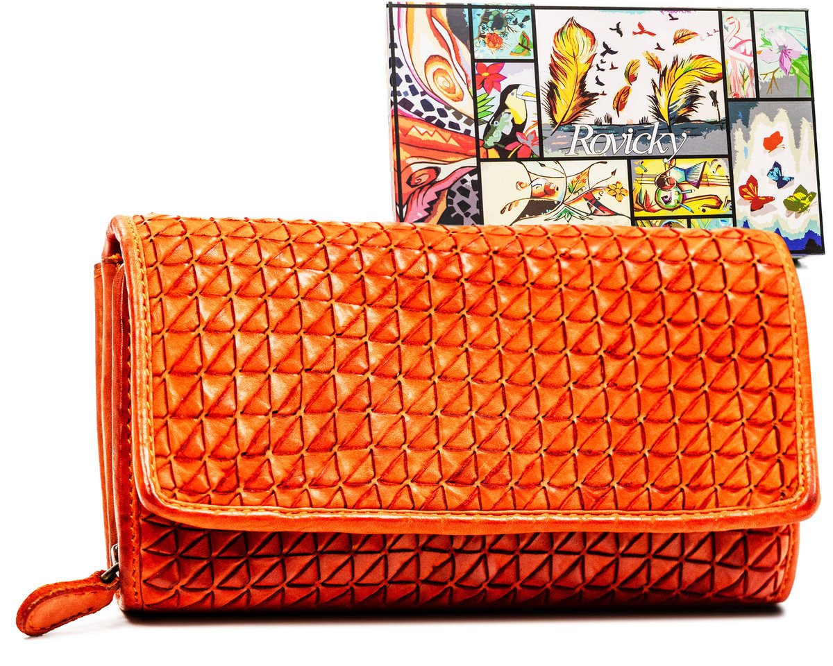 ROVICKY Duży poziomy portfel damski rozbudowany na karty gotówkę i dokumenty pomarańczowy skóra naturalna RFID STOP na prezent