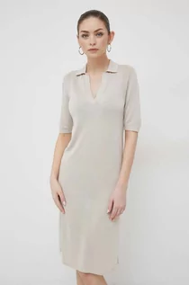 Sukienki - Calvin Klein sukienka z domieszką wełny kolor beżowy mini dopasowana - grafika 1