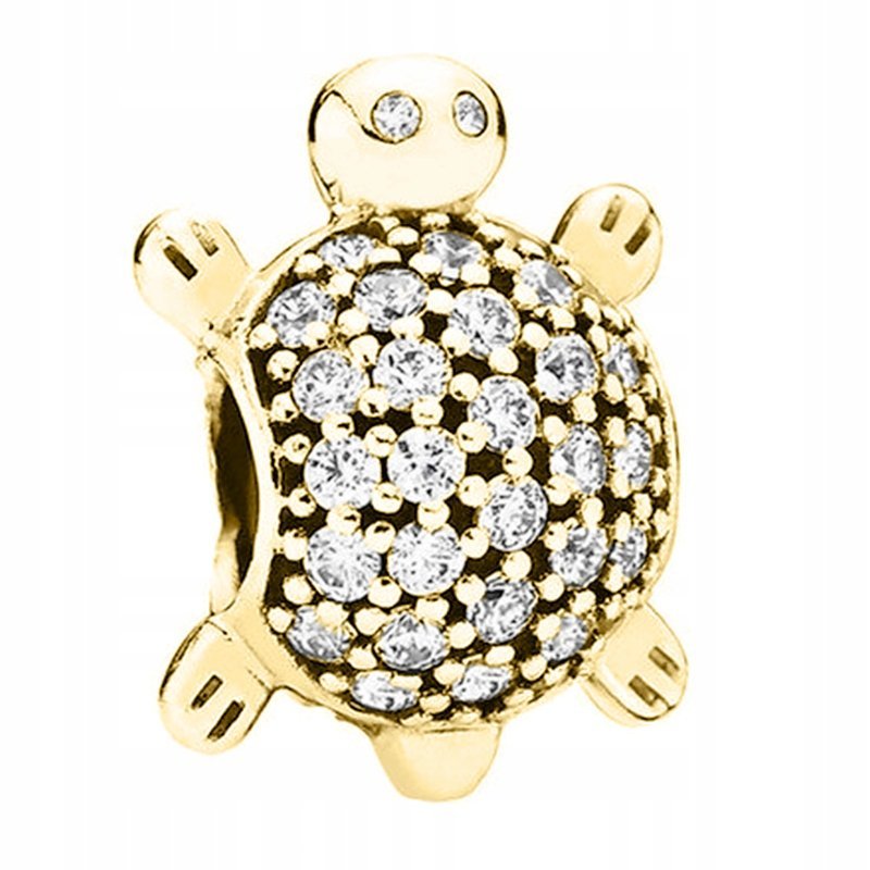 Złoty Charms Żółw Żółwik z Cyrkoniami Żółwiem Turtle Koralik SREBRO 925