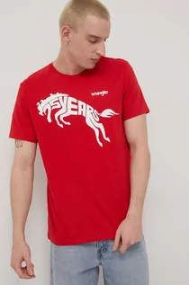 Koszulki męskie - Wrangler t-shirt bawełniany kolor czerwony z nadrukiem - grafika 1