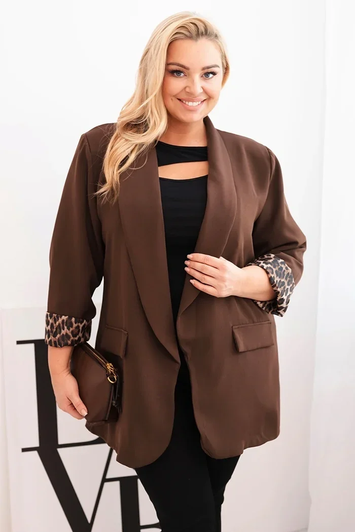 Marynarka damska Plus Size z podszewką w panterkę brązowa Brązowy
