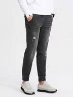 Spodnie męskie - Męskie spodnie jeansowe JOGGERY z przetarciami - czarne V2 OM-PADJ-0150 - miniaturka - grafika 1
