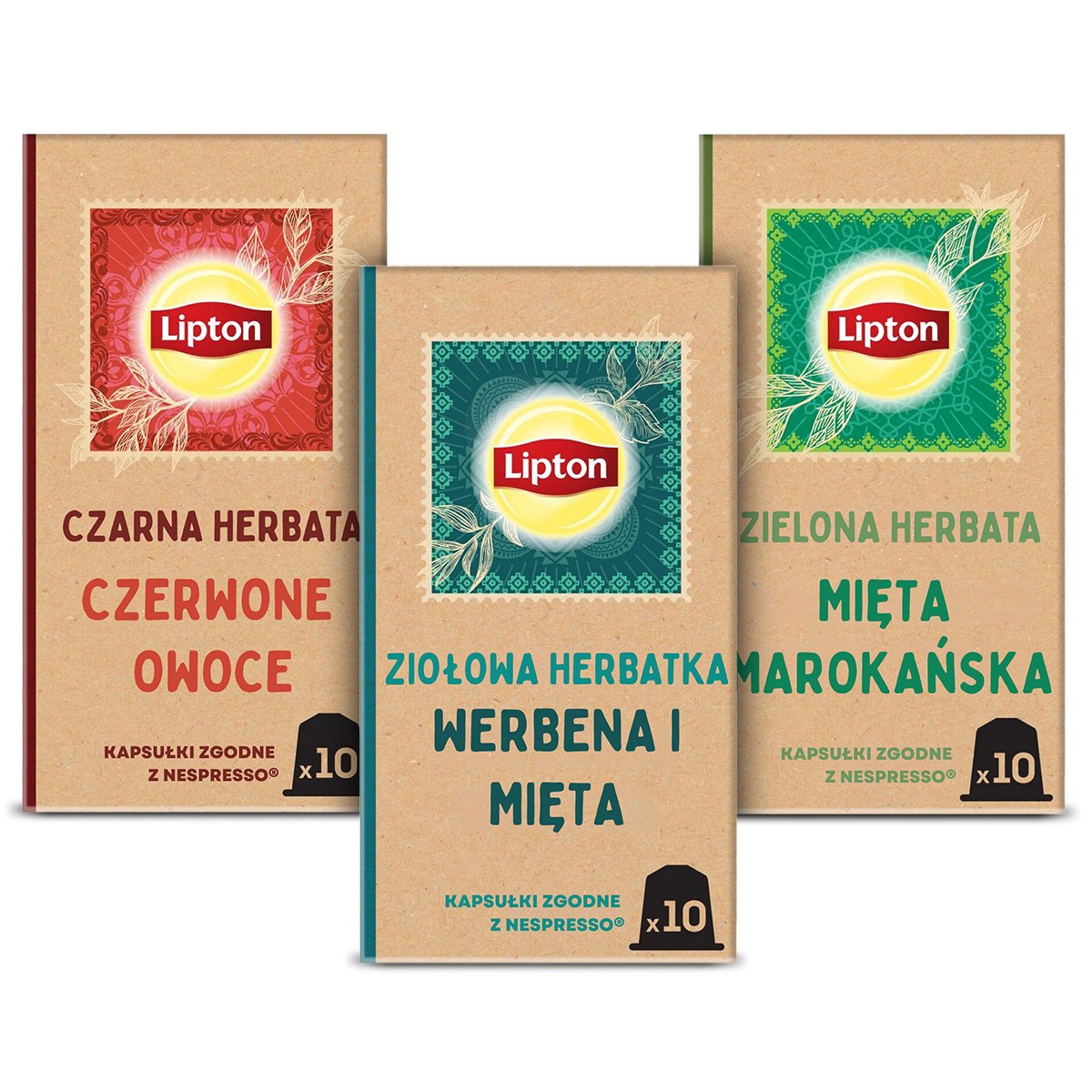 Zestaw Lipton w kapsułkach Herbata czarna Owoce Leśne, Zielona Mięta, Ziołowa Mięta + Werbena