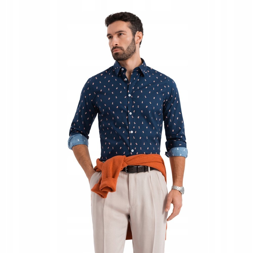 Bawełniana koszula męska we wzory SLIM FIT atramentowa V3 OM-SHCS-0151 S