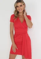Sukienki - Czerwona Kopertowa Sukienka Mini z Krótkim Rękawem i Marszczeniem w Talii Kamilan - miniaturka - grafika 1