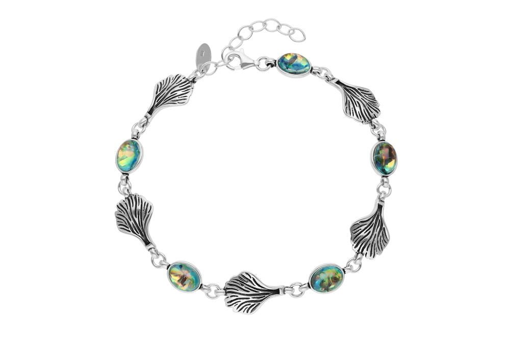 Srebrna bransoletka oksydowane liście z błyszczącymi kamieniami pr. 925