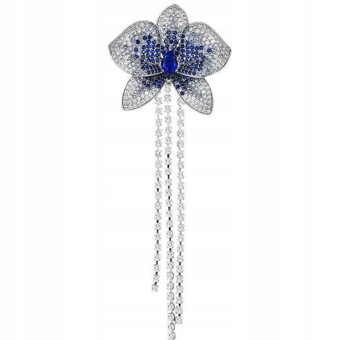 PINETS Zachwycająca Broszka Kwiat z niebieskimi cyrkoniami i łańcuszkami