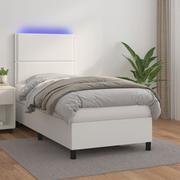 Łóżka - Lumarko Łóżko kontynentalne z materacem i LED, biała ekoskóra 90x200 cm - miniaturka - grafika 1