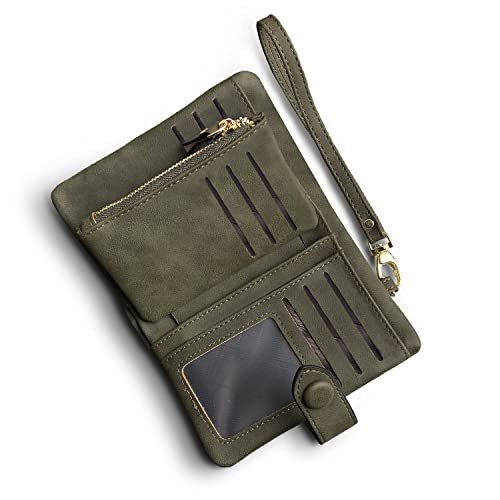 AOXONEL Damski, mały, składany skórzany portfel, blokujący RFID, damski pasek na nadgarstek z uchwytem na karty, okno, portmonetka (zieleń wojskowa)