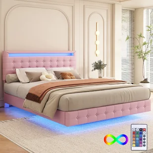 Łóżko tapicerowane Flieks 140x200cm z LED, łóżko młodzieżowe dwuosobowe z regulowanym zagłówkiem, klasyczne łóżko drewniane ze stelażem listwowym, PU, różowe - Łóżka - miniaturka - grafika 1
