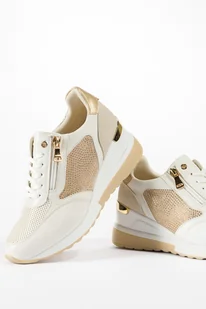 Białe sneakersy damskie sportowe półbuty na koturnie z cyrkoniami sznurowane ze złotymi dodatkami skórzana wkładka Casu JW25X10-W - Półbuty damskie - miniaturka - grafika 1