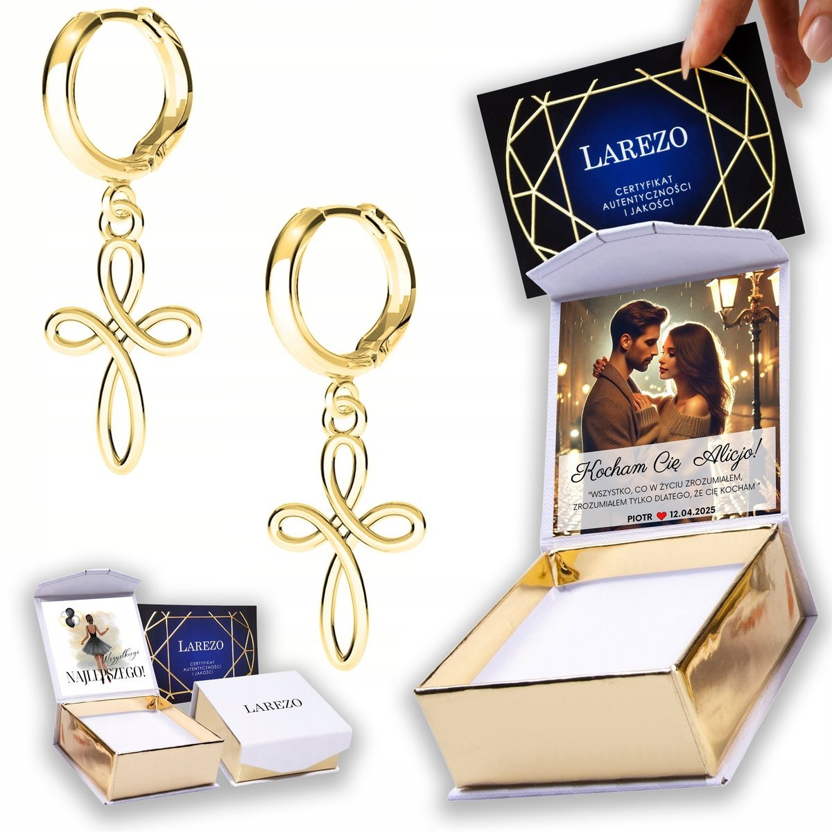 Złote Kolczyki 925 Ażurowe Krzyże Cross z Krzyżykiem Krzyżyk NADRUK