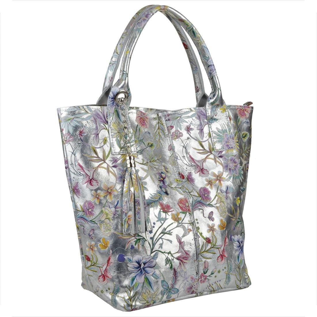 Srebrna torba worek skóra naturalna wzór kwiaty Borse in Pelle