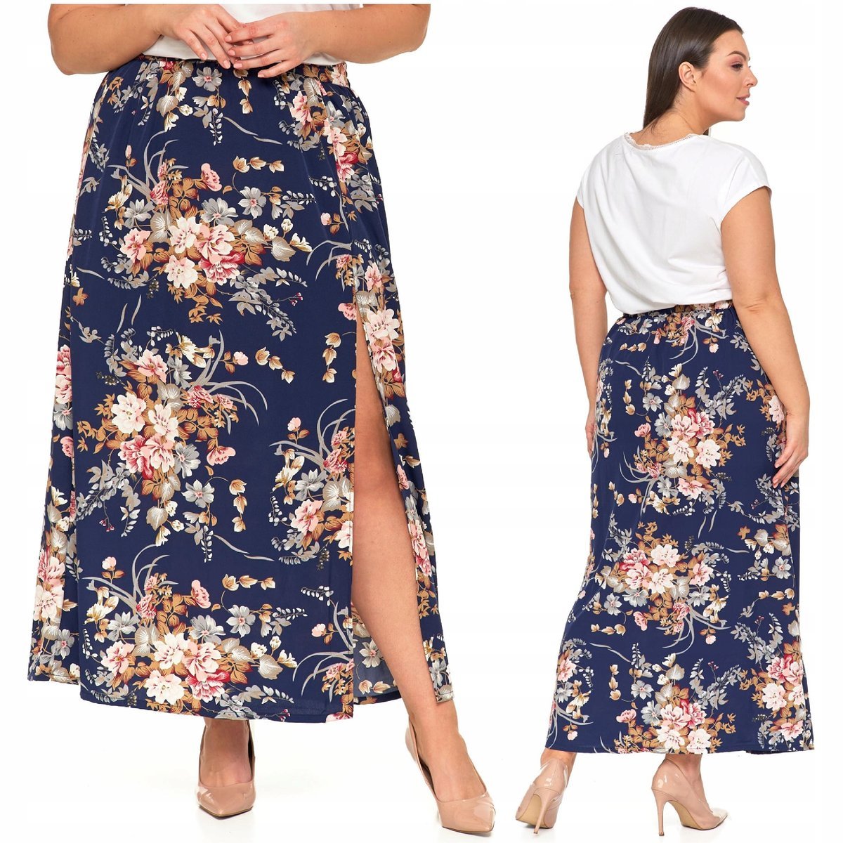 Spódnica Damska Maxi z Rozcięciem w Kwiaty Długa Zwiewna Wygodna S MORAJ
