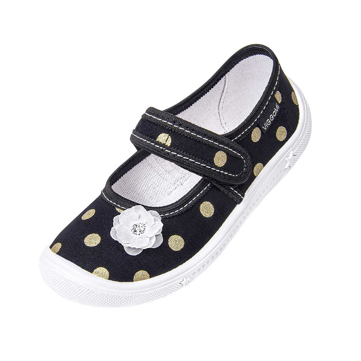 Dziewczęce kapcie w groszki z kwiatkiem 3D czarne