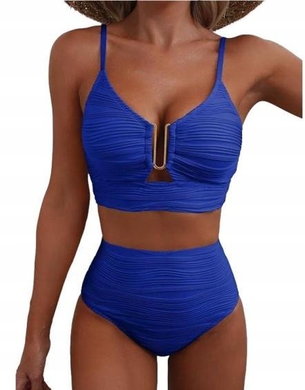 Dwuczęściowy Strój Kąpielowy Niebieski V-Neck Wycięcie Wysoki Stan Xl