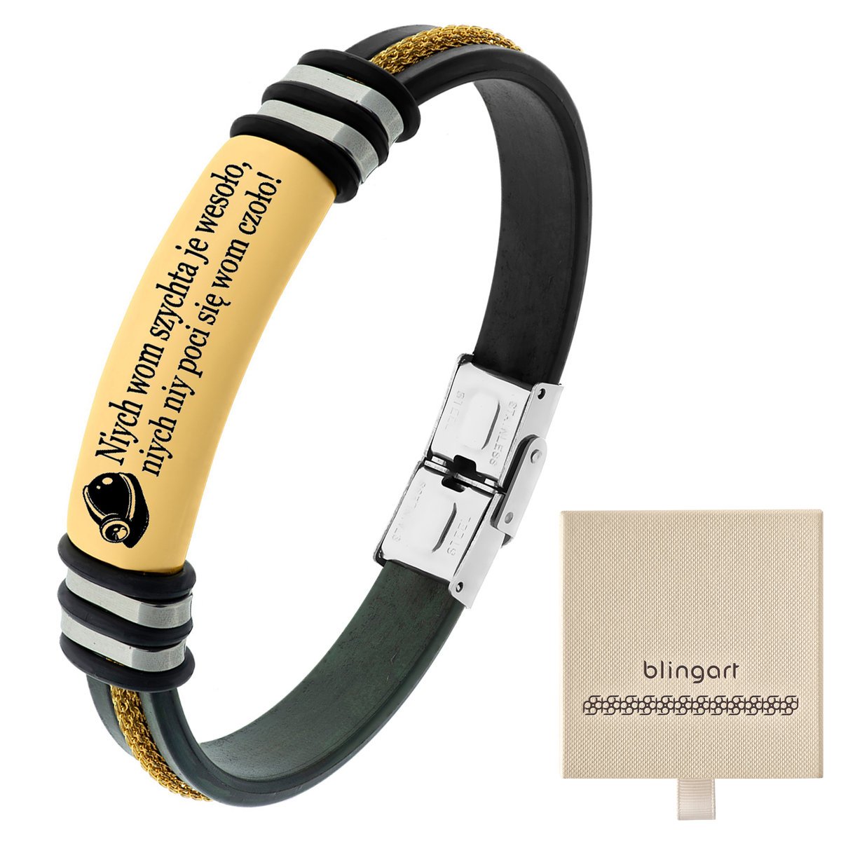 Bransoletka męska KAUCZUKOWA z grawerem łańcuszek