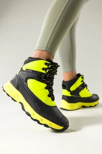 Czarne buty sportowe trekkingowe damskie wodoodporne na bieżnikowanej podeszwie sznurowane żółte wstawki Casu 7688-5D - Buty trekkingowe damskie - miniaturka - grafika 1