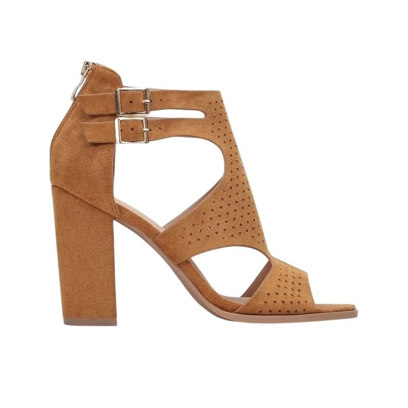 Sandały Modne Stylowe Eleganckie Na Słupku Stabilne Wygodne Damskie Ażurowe Na Obcasie Mira Camel 41