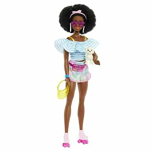 Lalka Barbie Z Fryzurą Afro, Wrotkami, Strojem I Zwierzątkiem Hpl77
