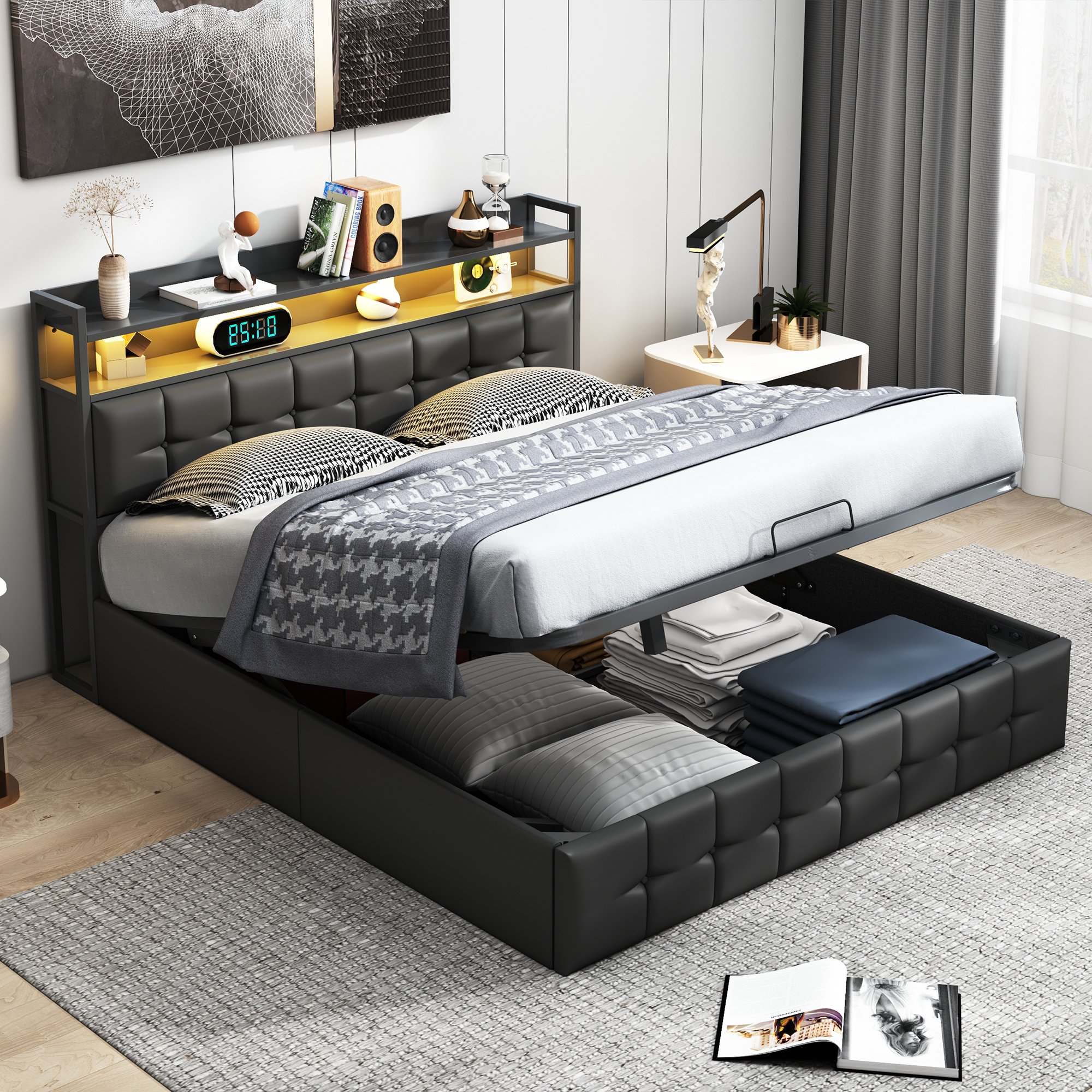 Łóżko tapicerowane Fortuna Lai 140x200cm z USB i gniazdkami, łóżko młodzieżowe podwójne ze stelażem listwowym i schowkiem, łóżko do przechowywania z LED, imitacja skóry , czarne