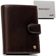 Portfele - Duży skórzany portfel męski pionowy na zatrzask ROVICKY elegancki brązowy na prezent karty gotówka dokumenty rozbudowany ochrona RFID - miniaturka - grafika 1
