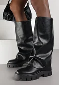 Kozaki damskie - Czarne Kozaki z Wywiniętą Cholewką na Podeszwie ze Żłobieniami Eseana - Renee - miniaturka - grafika 1