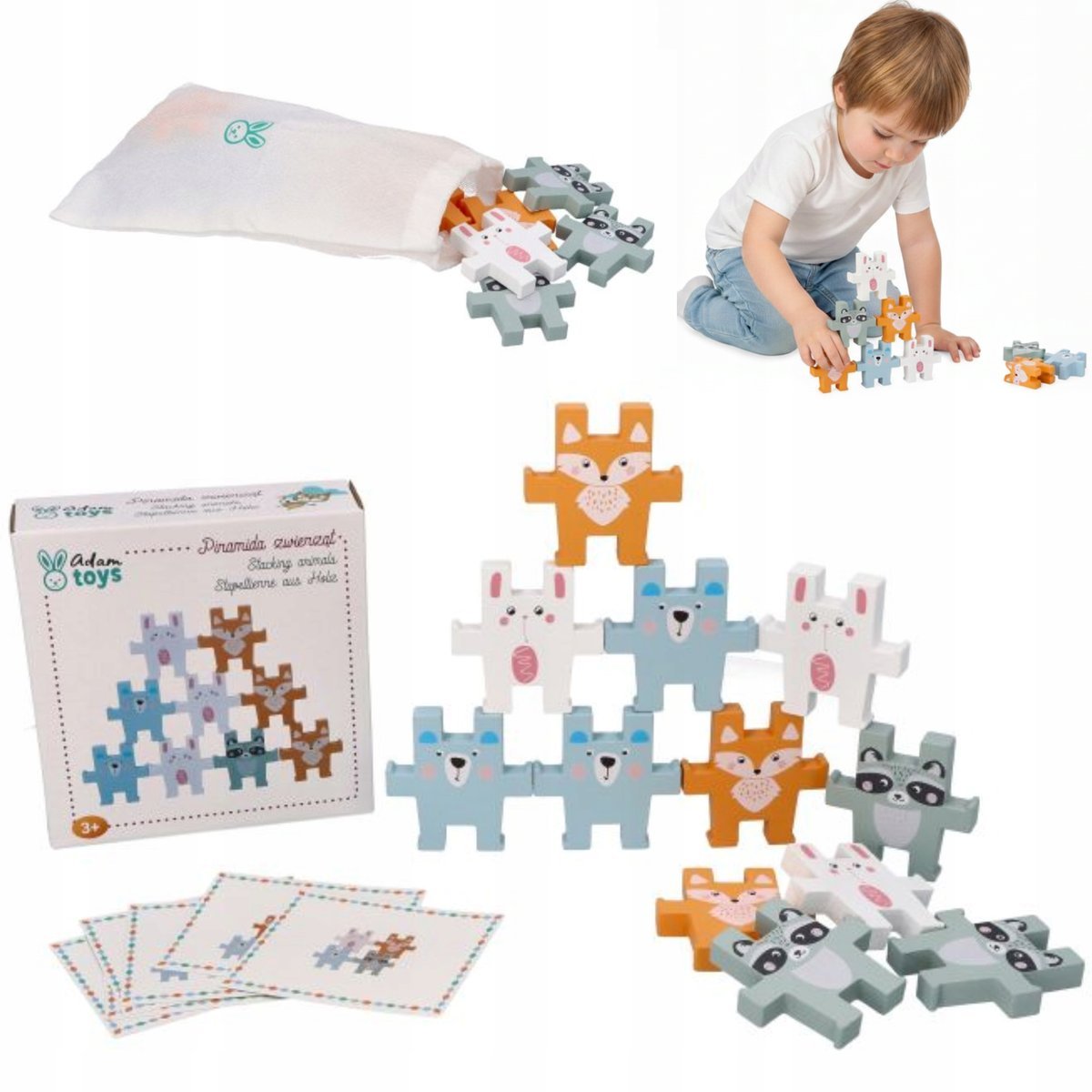 KLOCKI DREWNIANE UKŁĄDANKA DREWNIANA PUZZLE DREWNIANE PIRAMIDKA Z ZWIERZĄT