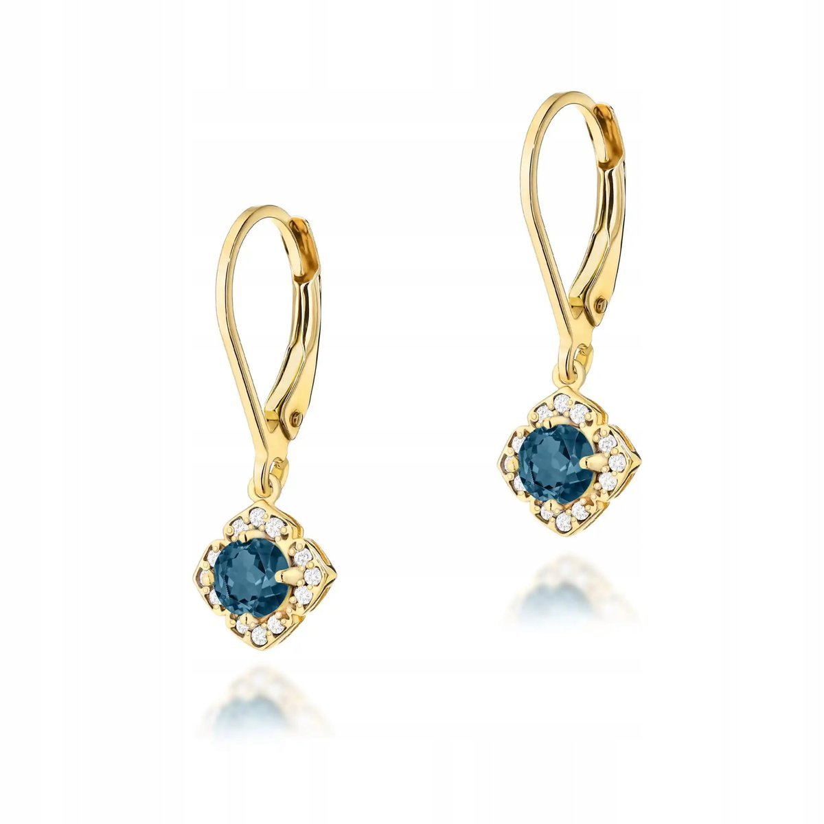 Kolczyki złote damskie 585 topaz london blue z diamentami eleganckie modowe